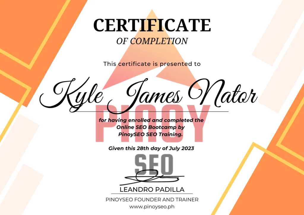 certificate of completion of Kyle Nator